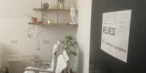 Spa treatment room with white walls, wooden shelves holding potted plants and decor, and row of white reclining chairs covered with towels